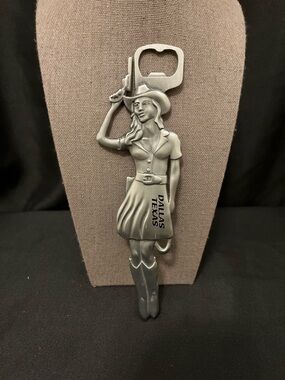 Dallas Texas Cowgirl Metal Bottle Opener - Silver